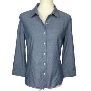 Garnet Hill Shirt Womens 6 Blue Blouse 100%‎ Cotton 3/4 Sleeves Button Front
